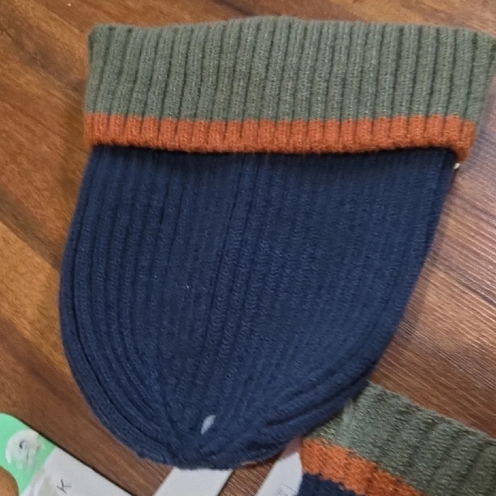 Navy Ribbed Beanie, Scarf & Gloves Set KIDS Olive Orange Trim NWT SIZE 10+